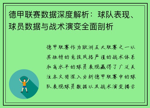 德甲联赛数据深度解析:球队表现、球员数据与战术演变全面剖析