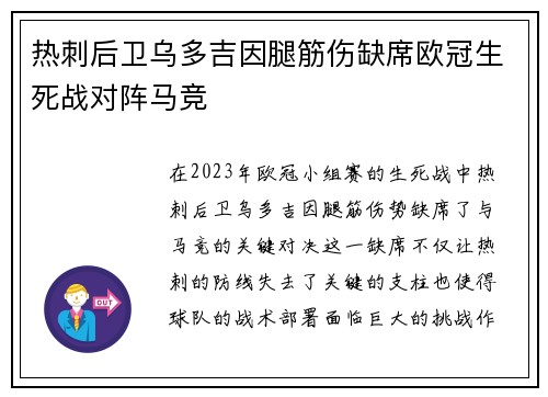 热刺后卫乌多吉因腿筋伤缺席欧冠生死战对阵马竞