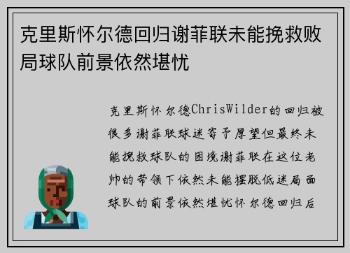 克里斯怀尔德回归谢菲联未能挽救败局球队前景依然堪忧